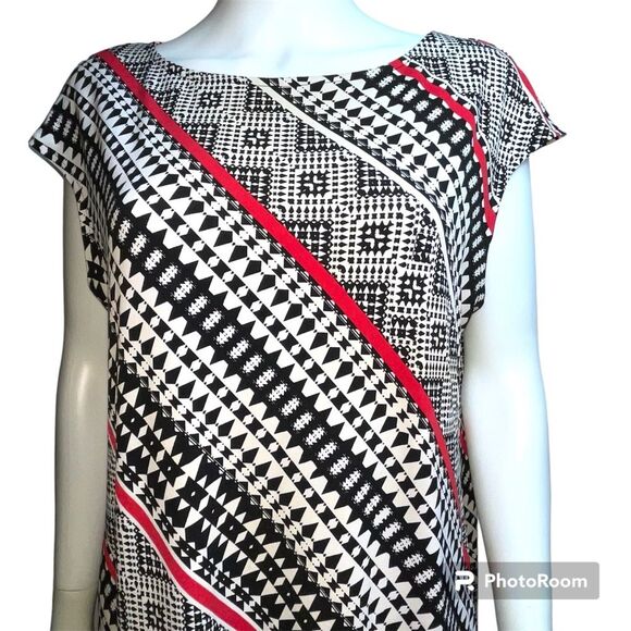Chico's Red Black White Stripe Knee Length Sheath Dress Geometric Chico's Size 2 - Picture 2 of 9